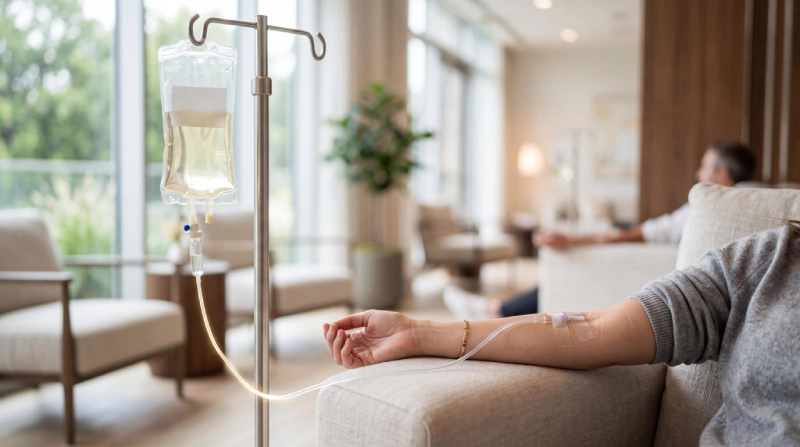 Patient receiving IV therapy to boost energy, improve hydration, and support overall wellness at a medical spa